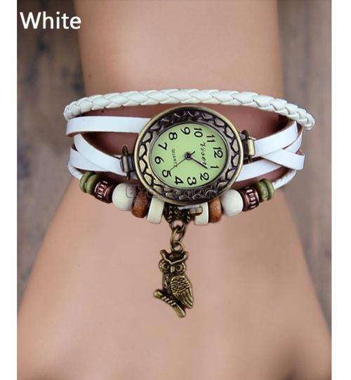 White Women Leather Wrist Watch Bracelet, Retro Vintage Owl Pendant Weave Wrap