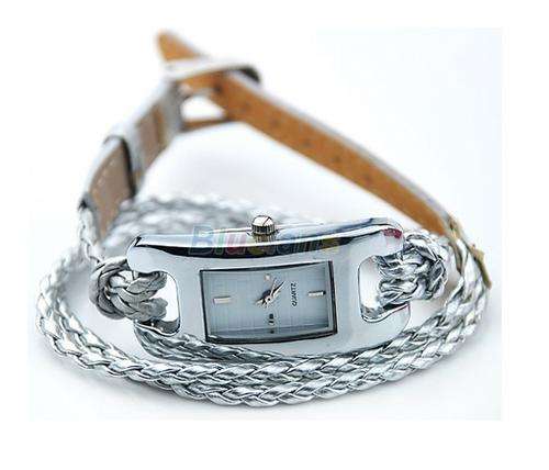 Silver Ladies Bracelet Multi Layer Woven  Band Quartz Wrist Watch