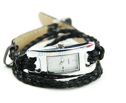 Black Ladies Bracelet Multi Layer Woven  Band Quartz Wrist Watch