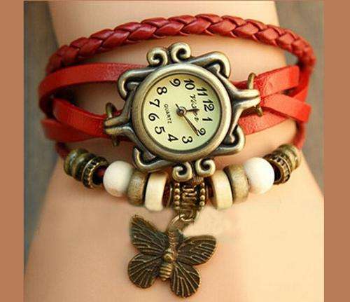 Red Womens butterfly bracelet quartz watch