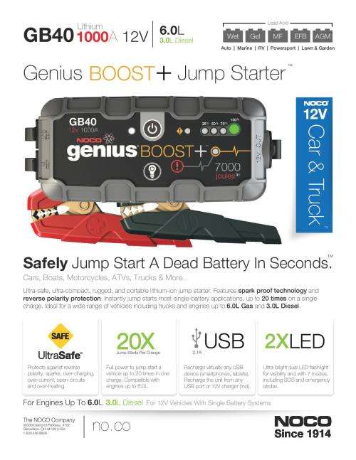 NOCO Genius GB40 Boost Plus 1000A 12 Ultrasafe Lithum Jump Starter