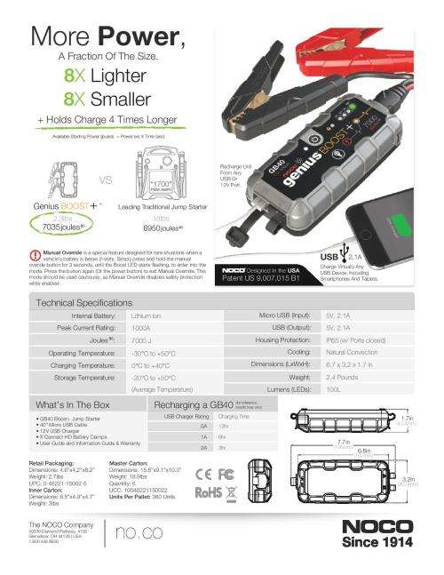 NOCO Genius GB40 Boost Plus 1000A 12 Ultrasafe Lithum Jump Starter