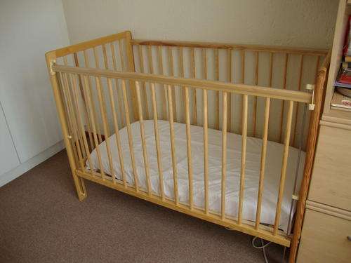 WOODEN COT + MATTRESS + DUVET + 2 SETS OF LINEN
