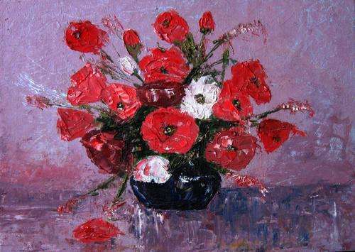 BLACK VASE WITH FLOWERS - BEAUTIFUL  PRINT OF ORIGINAL OIL PAINTING