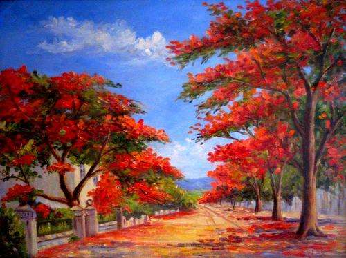 RED TREE AVENUE - BEAUTIFUL  PRINT OF ORIGINAL OIL PAINTING