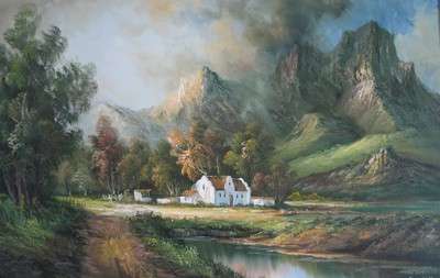 *BEAUTIFUL  CANVAS PRINT OF HOME IN VALLEY BELOW MOUNTAINS*
