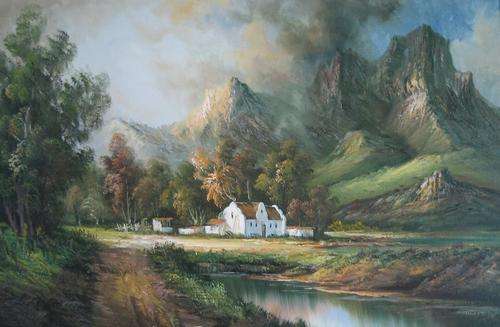 *BEAUTIFUL  CANVAS PRINT OF HOME IN VALLEY BELOW MOUNTAINS *