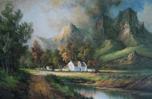 *BEAUTIFUL  CANVAS PRINT OF HOME IN VALLEY BELOW MOUNTAINS *