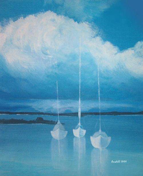 *THREE BOATS IN THE BAY*  BEAUTIFUL CANVAS PRINT or STUNNING BOARD PRINT OF ORIGINAL OIL PAINTING