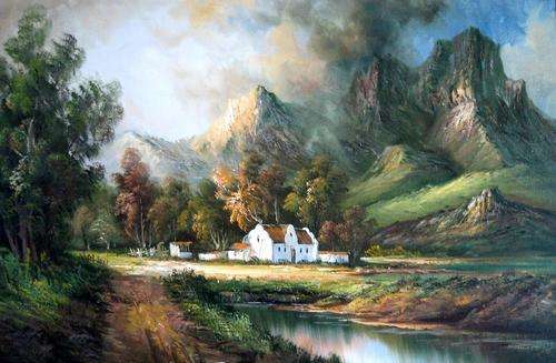 *HOME IN VALLEY BELOW MOUNTAINS * BEAUTIFUL CANVAS PRINT or STUNNING BOARD PRINT OF ORIGINAL OIL