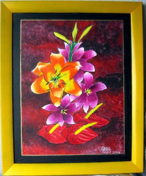CARNIVAL FLOWERS,  FRAMED IN  MATCHING YELLOW