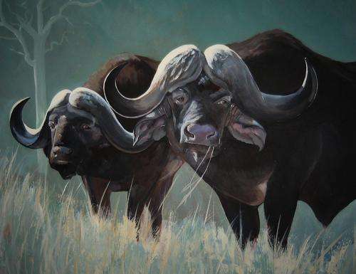 African Buffaloes Grazing-Excellent bargain!The ORIGINAL acrylic painting-framed and ready to hang!