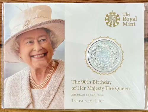 Queen`s 90th Birthday 2016 £20 Coin UK .999 Fine Silver Twenty Pound Coin