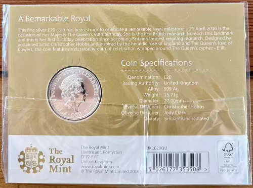 Queen`s 90th Birthday 2016 £20 Coin UK .999 Fine Silver Twenty Pound Coin