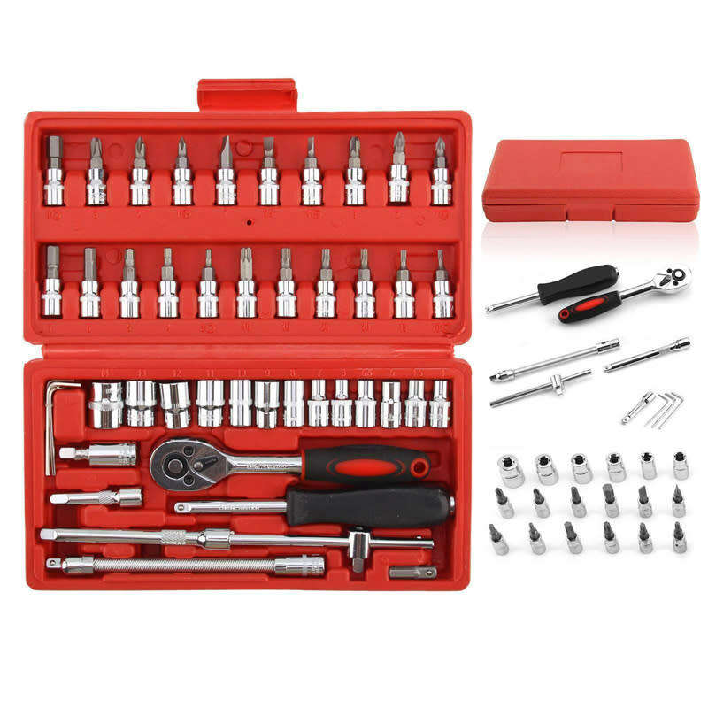 46pcs 1/4 Inch Socket Set Auto Repair Tools Ratchet Set Torque Wrench Combination Drill Bits