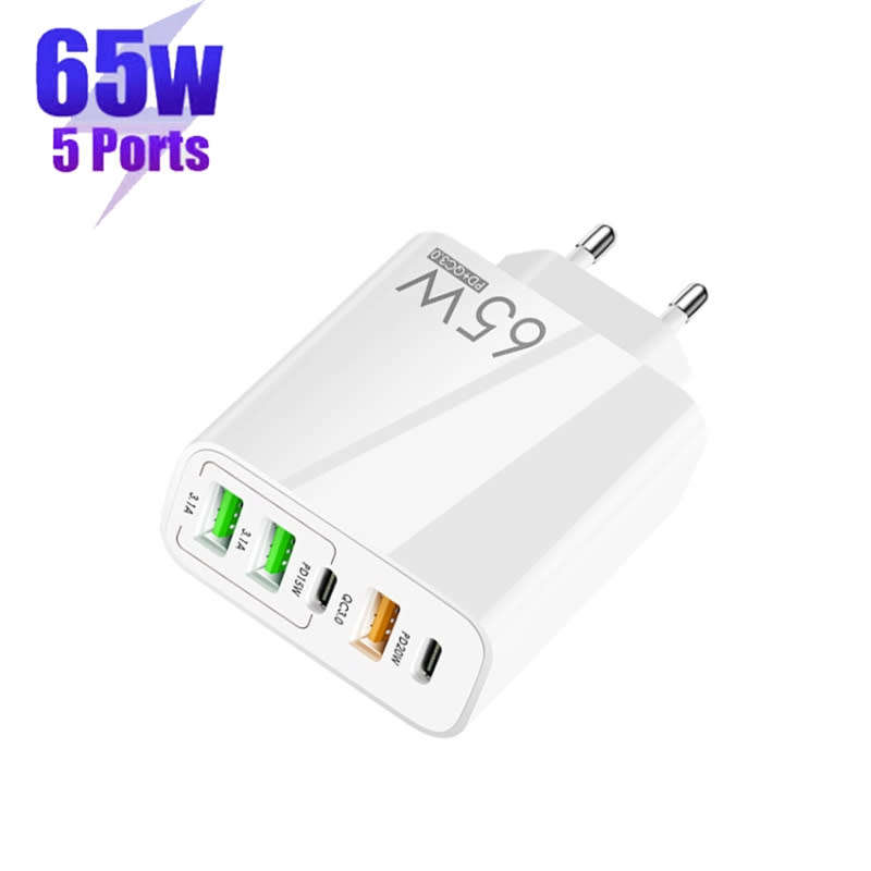 65W USB C Charger, 5-Port with Type-C PD+3USB Compatible GaN Technology Fast Charging Phone Adapter