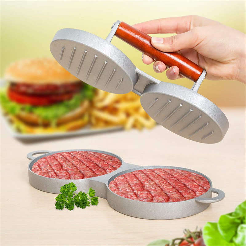 Easy Grip Aluminum Double Burger Press Round Double Compartment Burger Mold