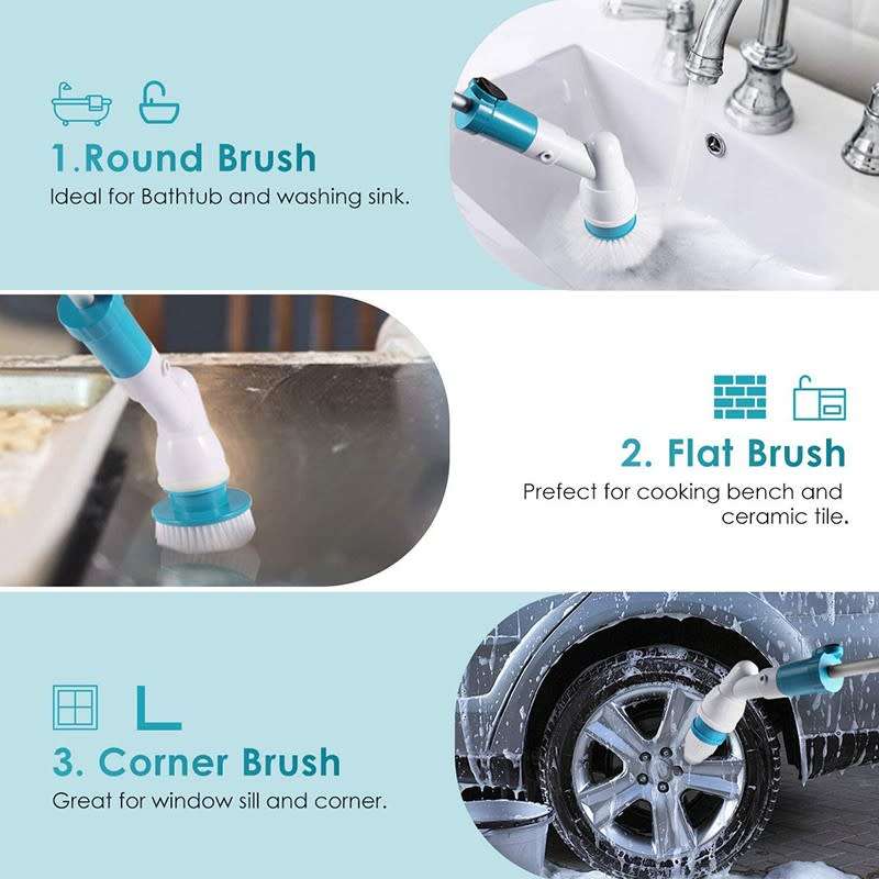 Cordless Electric Spin Scrubber with Adjustable Extended Handle 3 Replaceable Cleaning Brushes