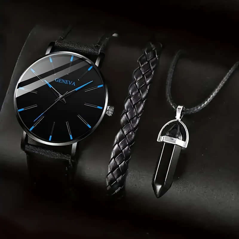 1pc Round Men's Quartz Watch 1pc Bracelet 1pc Necklace Set