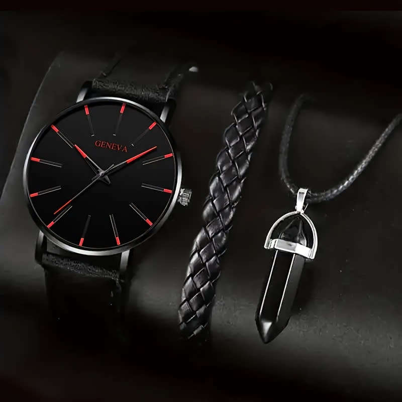 1pc Round Men's Quartz Watch 1pc Bracelet 1pc Necklace Set