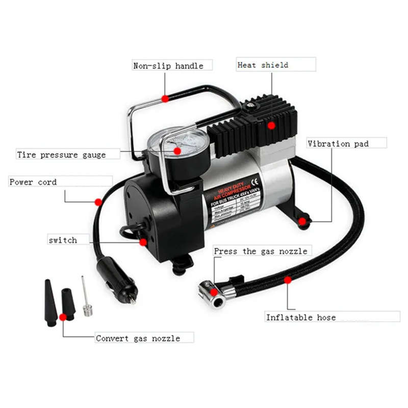 12V Portable Air Compressor, Car Tire Inflator Pump Car Tool, Suitable for Cigarette Lighter Socket