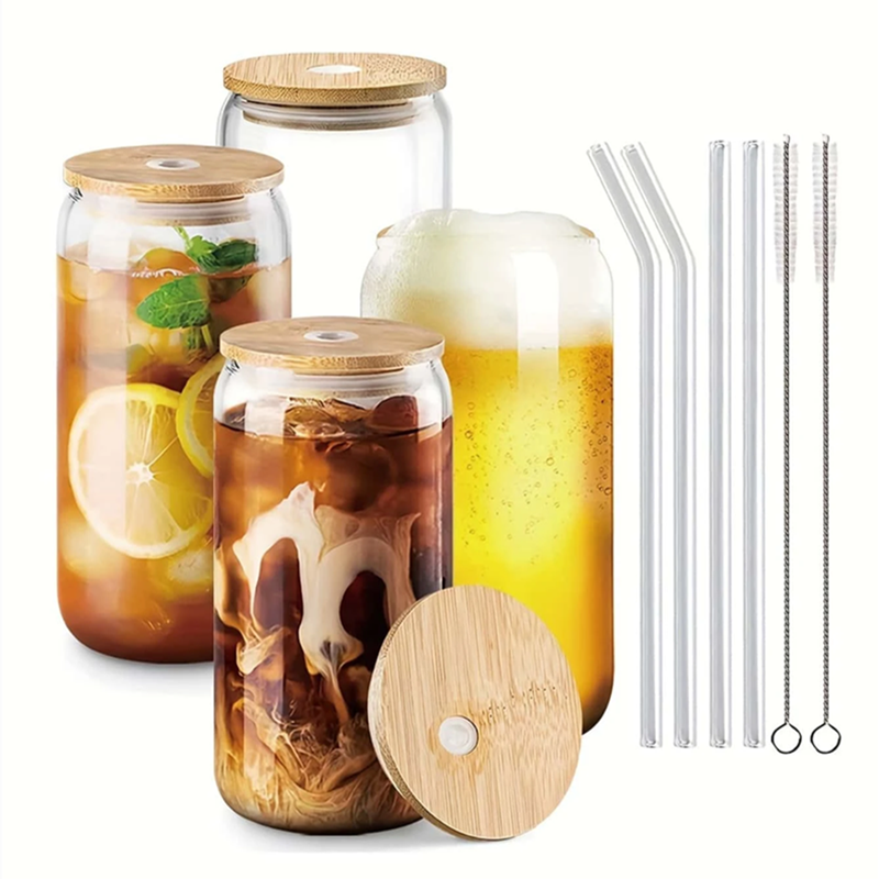 Set of 4 Reusable Tumblers with Bamboo Lid and Straw