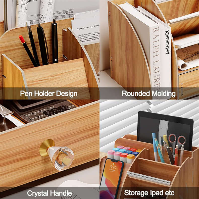 Multifunctional DIY Wooden Desk Storage Box with Cell Phone Dock, Desk Pen Storage Box