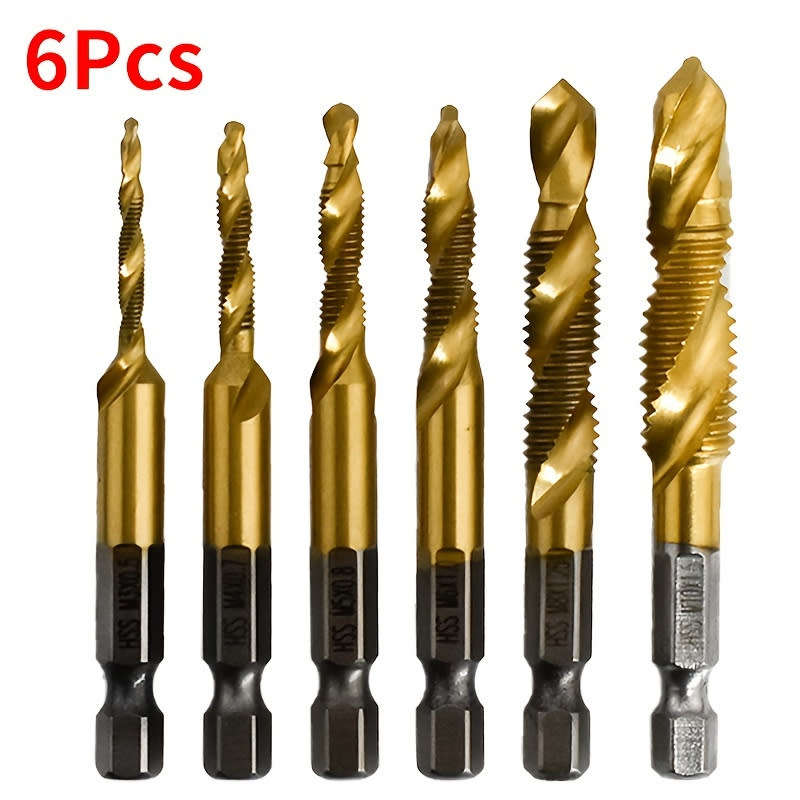 Set of 6, M3-M10 Titanium Coated HSS Composite Tap Drill 1/4` Hex Shank Spiral Metalworking Tools
