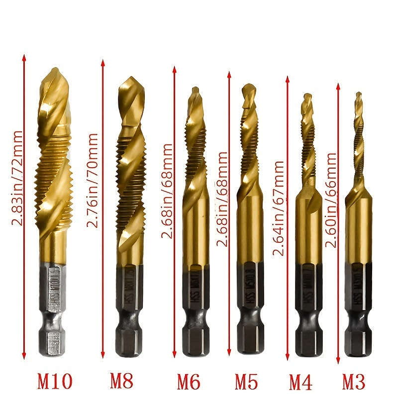 Set of 6, M3-M10 Titanium Coated HSS Composite Tap Drill 1/4` Hex Shank Spiral Metalworking Tools