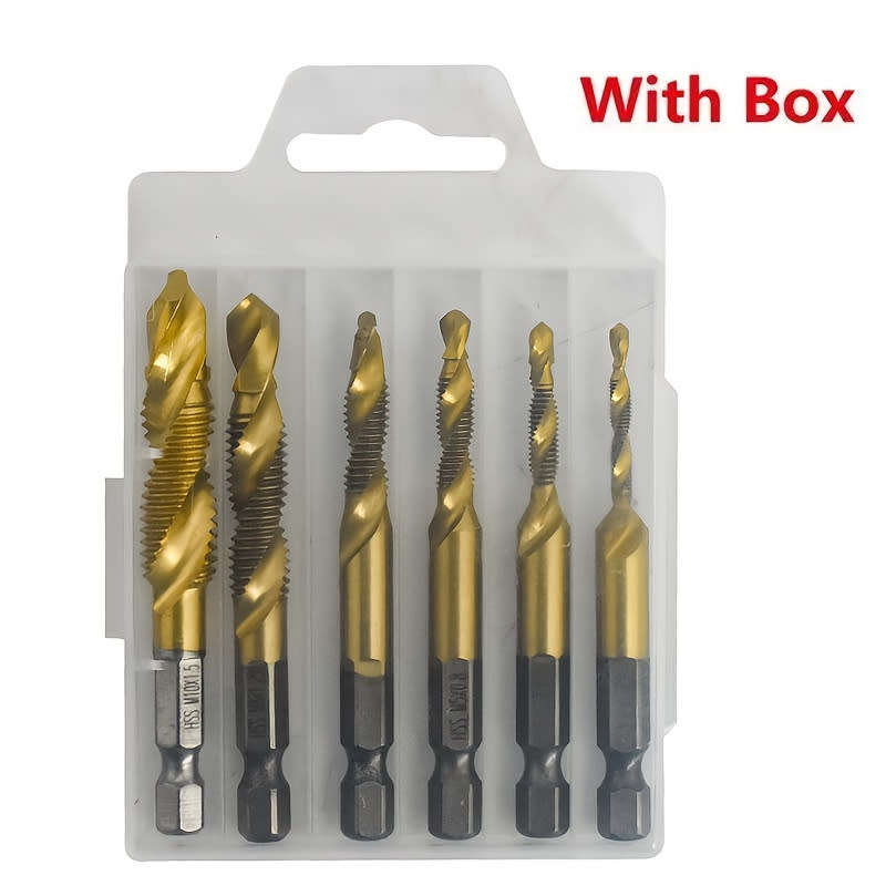 Set of 6, M3-M10 Titanium Coated HSS Composite Tap Drill 1/4` Hex Shank Spiral Metalworking Tools