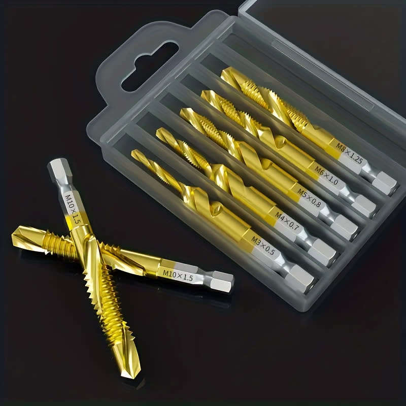Set of 6, M3-M10 Titanium Coated HSS Composite Tap Drill 1/4` Hex Shank Spiral Metalworking Tools