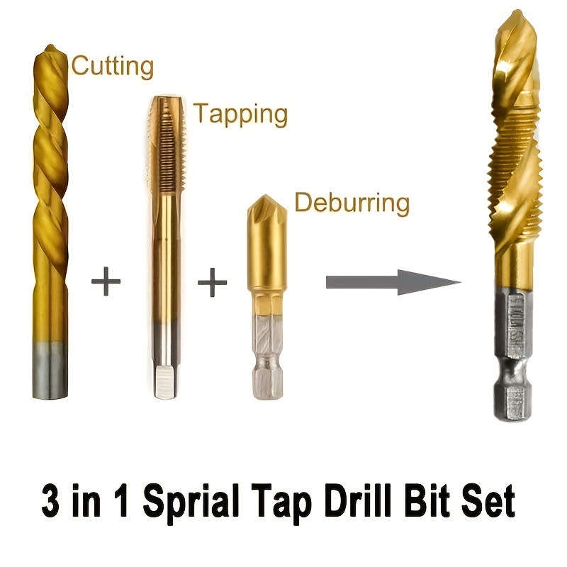 Set of 6, M3-M10 Titanium Coated HSS Composite Tap Drill 1/4` Hex Shank Spiral Metalworking Tools