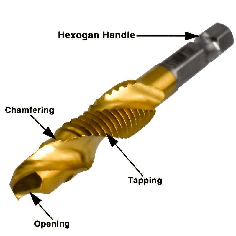 Set of 6, M3-M10 Titanium Coated HSS Composite Tap Drill 1/4` Hex Shank Spiral Metalworking Tools
