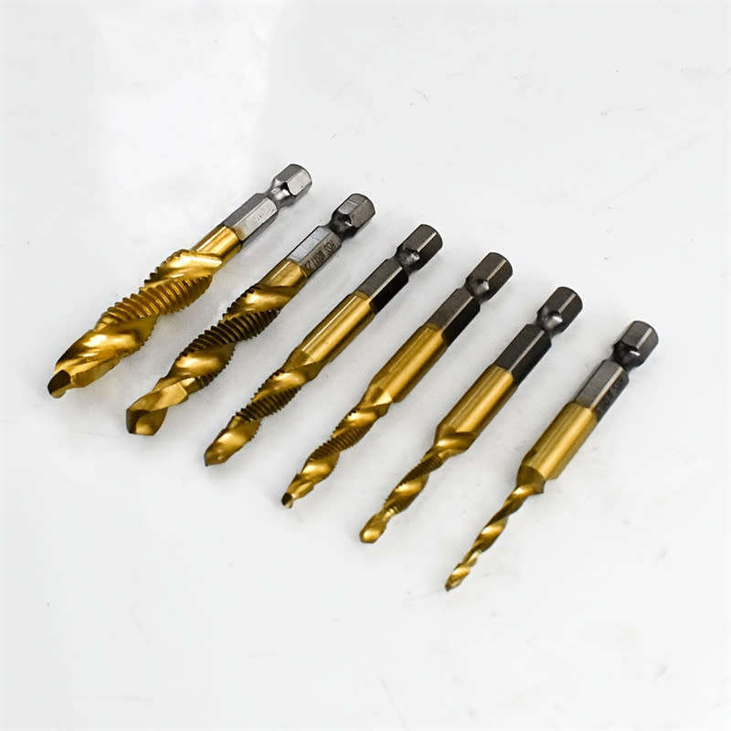 Set of 6, M3-M10 Titanium Coated HSS Composite Tap Drill 1/4` Hex Shank Spiral Metalworking Tools