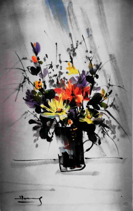 Signed watercolour on silk canvas
