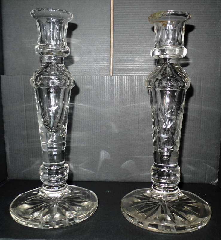 VINTAGE PAIR ROSE ETCHED CUT CRYSTAL GLASS CANDLESTICKS