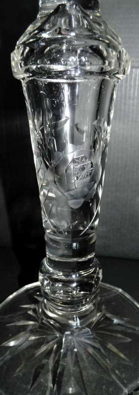 VINTAGE PAIR ROSE ETCHED CUT CRYSTAL GLASS CANDLESTICKS