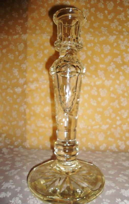 VINTAGE PAIR ROSE ETCHED CUT CRYSTAL GLASS CANDLESTICKS