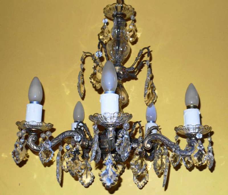 VINTAGE BRASS AND CRYSTAL 5-LIGHT CHANDELIER
