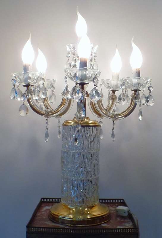 VINTAGE BRASS AND CRYSTAL 6-LIGHT TABLE LAMP