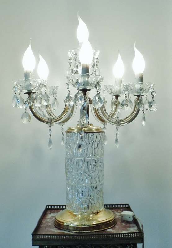 VINTAGE BRASS AND CRYSTAL 6-LIGHT TABLE LAMP