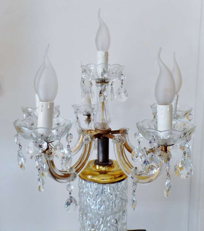 VINTAGE BRASS AND CRYSTAL 6-LIGHT TABLE LAMP