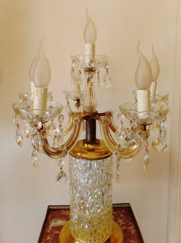 VINTAGE BRASS AND CRYSTAL 6-LIGHT CHANDELABRA