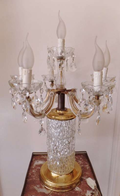 VINTAGE BRASS AND CRYSTAL 6-LIGHT TABLE LAMP