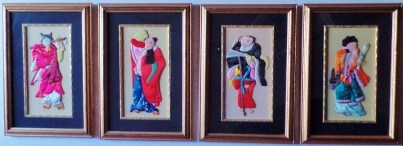 VINTAGE FRAMED SET OF FOUR CHINESE SILK APPLIQUE FIGURES