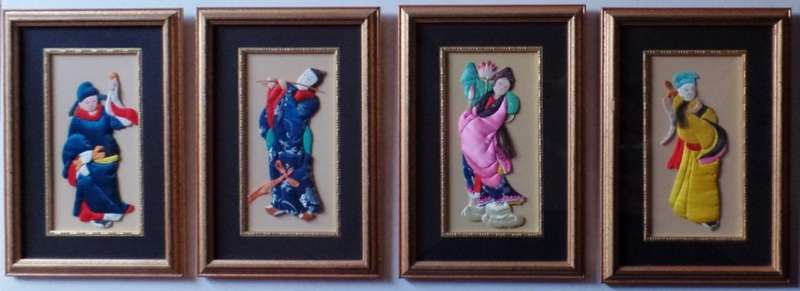 VINTAGE FRAMED SET OF FOUR CHINESE SILK APPLIQUE FIGURES