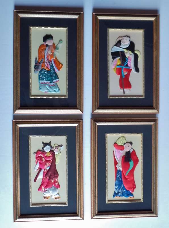 VINTAGE FRAMED SET OF FOUR CHINESE SILK APPLIQUE FIGURES