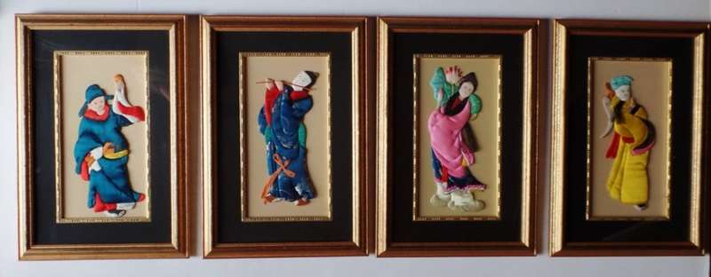 VINTAGE FRAMED SET OF FOUR CHINESE SILK APPLIQUE FIGURES
