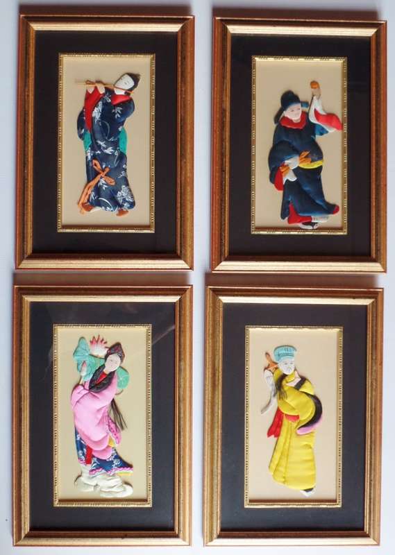VINTAGE FRAMED SET OF FOUR CHINESE SILK APPLIQUE FIGURES
