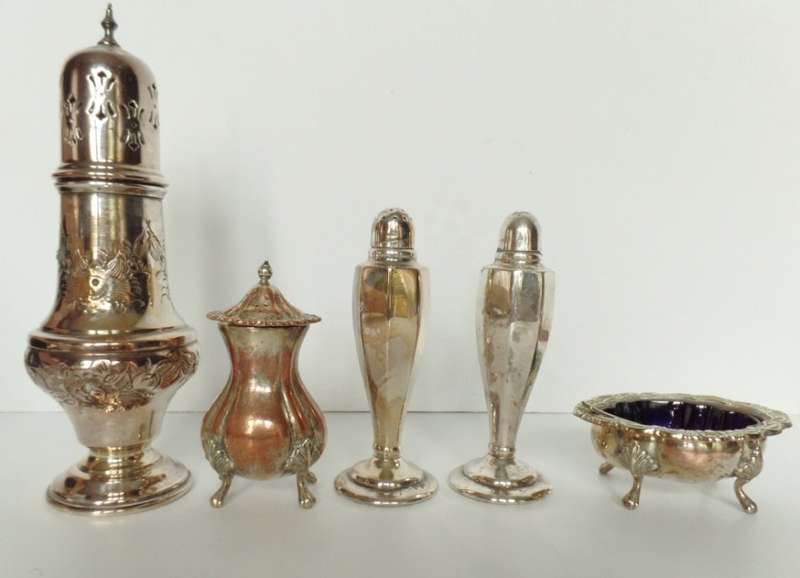 VINTAGE SILVERPLATED SUGAR CASTOR/SHAKER, SALT AND PEPPER SHAKERS, SALT CONTAINER WITH BLUE LINER